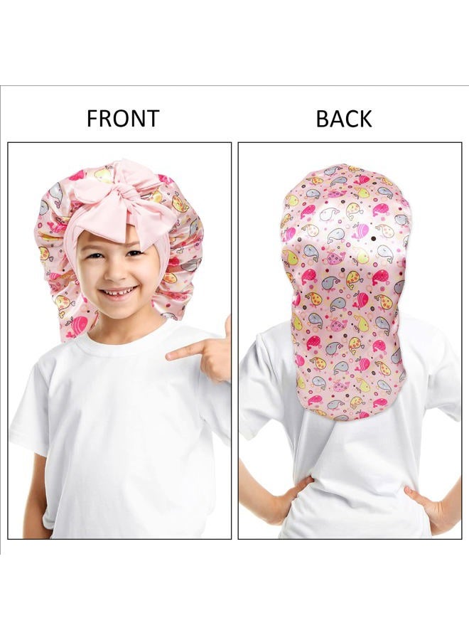 AWAYTR Long Toddler Silk Bonnet for Sleeping Elastic Satin Bonnets for Curly Hair Braid Night Cap for Aged 3-12 Kids (Whale+Pink) - Image 2