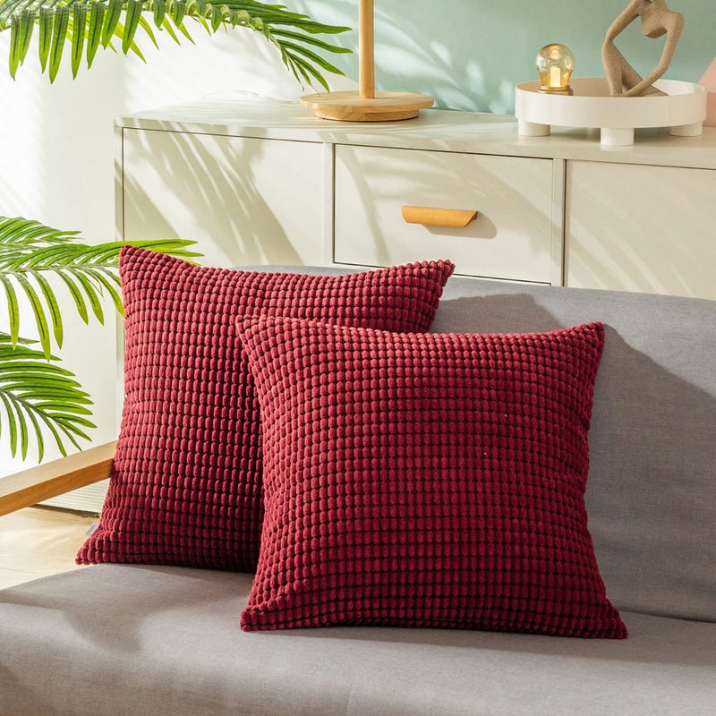 CaliTime Throw Pillow Covers Pack of 2 Comfy Corduroy Corn Striped Waffle Decorative Cushion Cases for Couch Sofa Bed Farmhouse 18 X 18 Inches Burgundy - Image 1