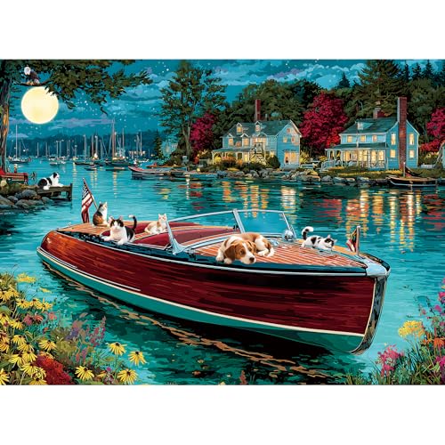 EIYRURU 300 Piece Puzzles for Adults 300 Piece Puzzles for Adults Large Piece Nighttime Lake Boat Dogs Cats Jigsaw Puzzle Funny Gift for Adult Kids Challenging Family Games Toy 205 X 15 in - Image 1