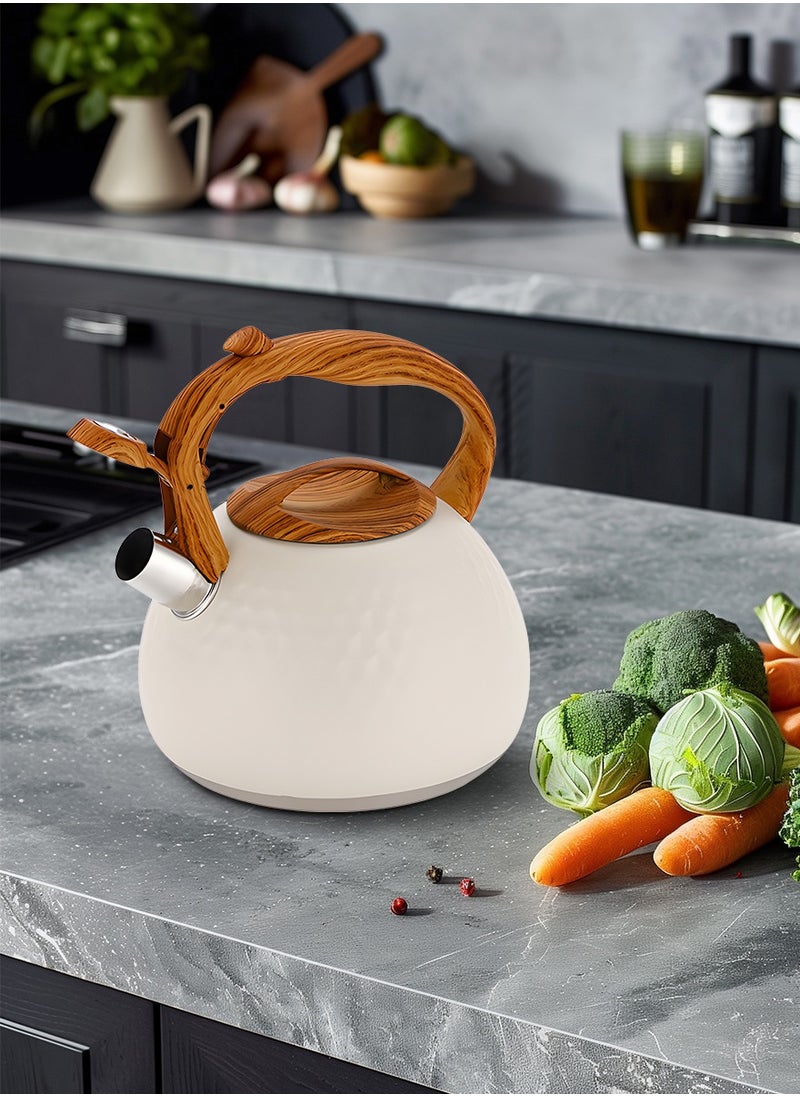 Stove top Whistling Tea Kettle with Anti-scald Handle, Handmade Tea Pot for Coffee and Tea, White