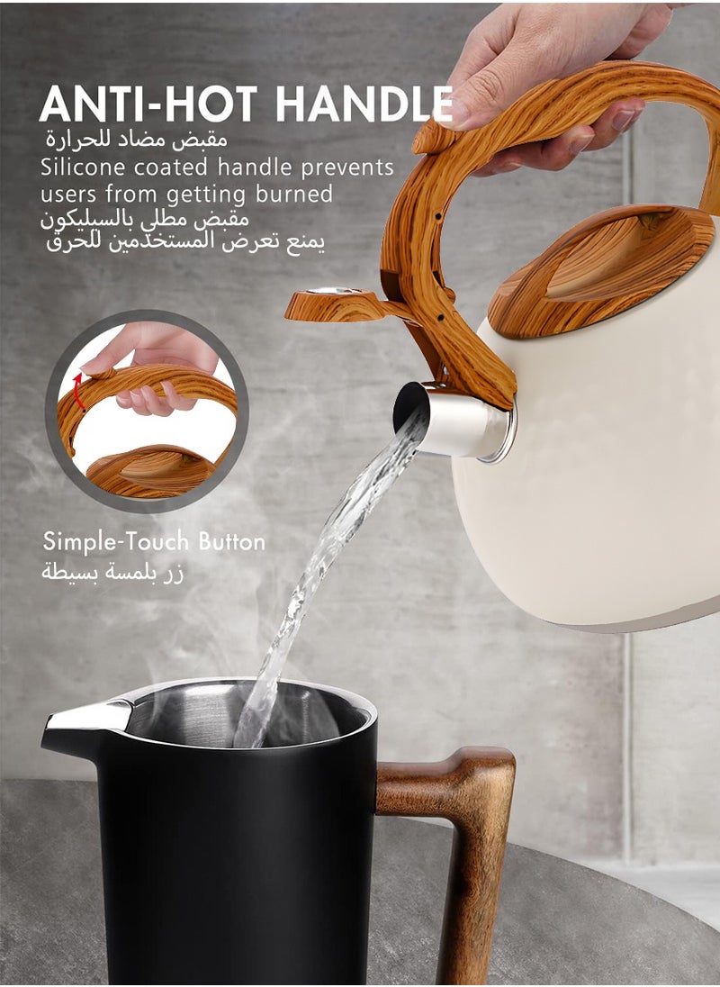 Stove top Whistling Tea Kettle with Anti-scald Handle, Handmade Tea Pot for Coffee and Tea, White