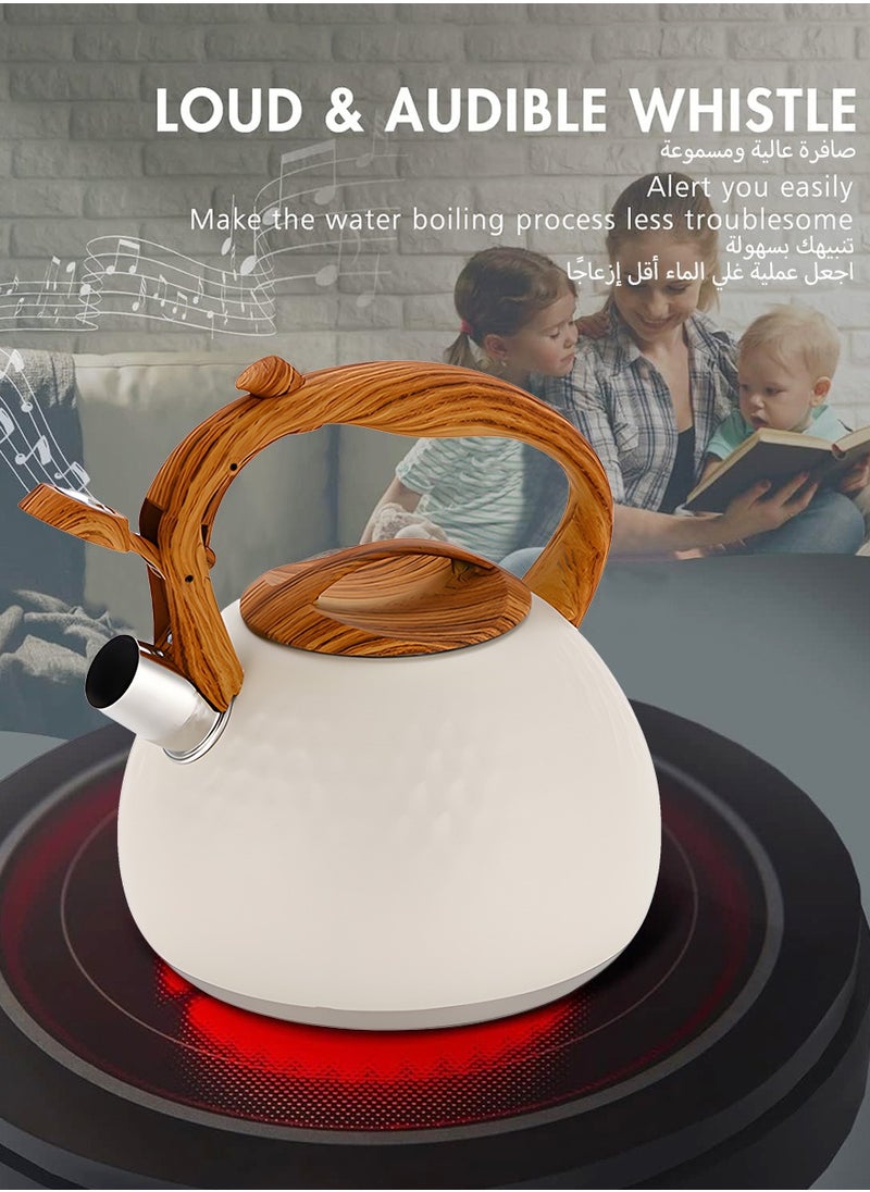 Stove top Whistling Tea Kettle with Anti-scald Handle, Handmade Tea Pot for Coffee and Tea, White