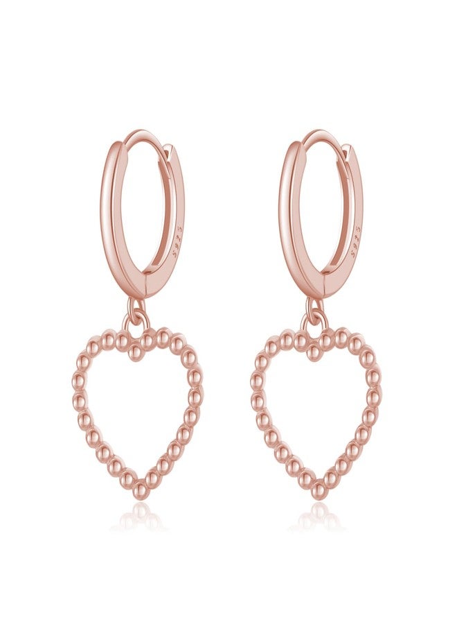 SLUYNZ Sterling Silver Heart Hoop Earrings for Women Teen Girls Love Heart Hoop Earrings Drop Bead Earrings (C-Rose Color) - Image 1