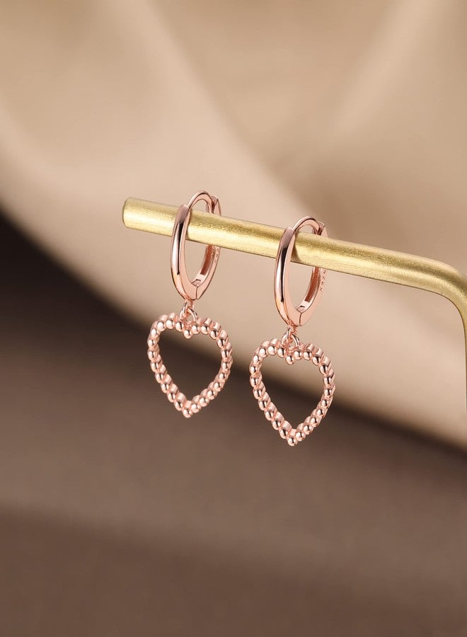 SLUYNZ Sterling Silver Heart Hoop Earrings for Women Teen Girls Love Heart Hoop Earrings Drop Bead Earrings (C-Rose Color) - Image 2