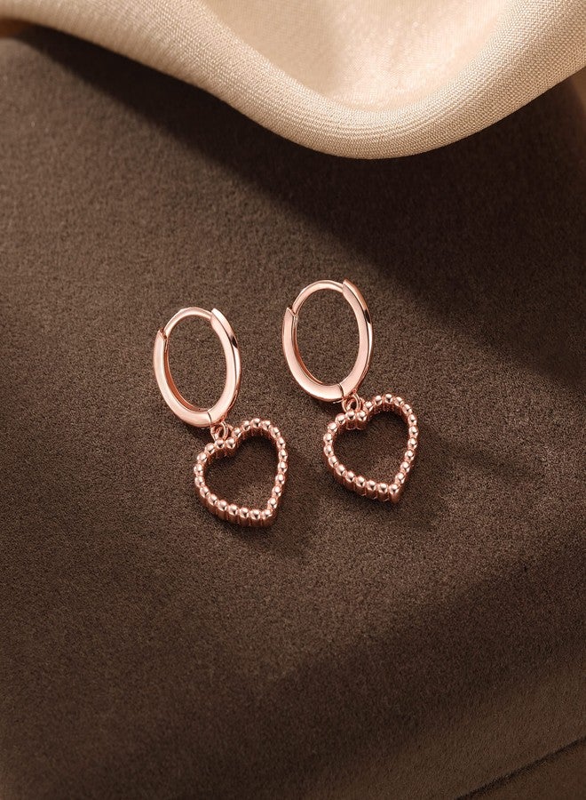 SLUYNZ Sterling Silver Heart Hoop Earrings for Women Teen Girls Love Heart Hoop Earrings Drop Bead Earrings (C-Rose Color) - Image 3
