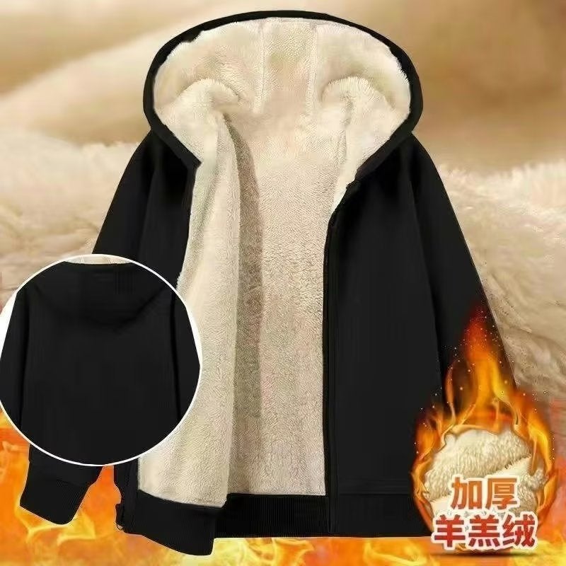 Mens Fleece-Lined Hooded Cardigan Zip Sweatshirt Warm Casual Japanese Style Oversized Black 