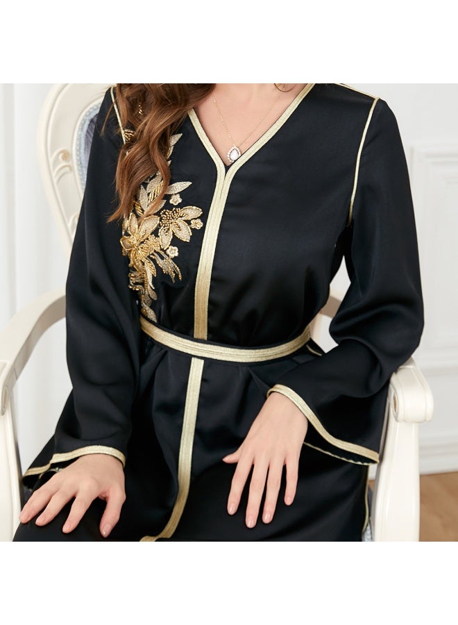 إسكدنيا إمرأة مسلمة Abaya الترتر اللباس نمط واحد الخامس الرقبة اللباس البرنزة الإسلامية كامل طول Kaftan اللباس عارضة اليومية - Image 4