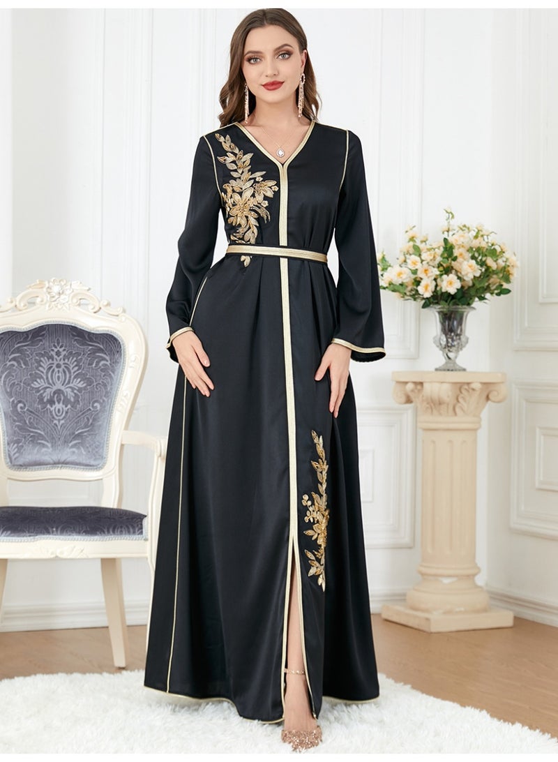 إسكدنيا إمرأة مسلمة Abaya الترتر اللباس نمط واحد الخامس الرقبة اللباس البرنزة الإسلامية كامل طول Kaftan اللباس عارضة اليومية - Image 1