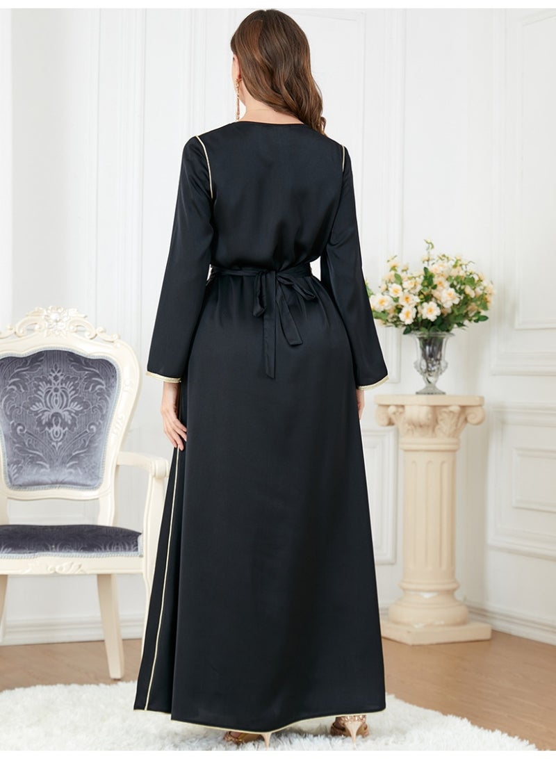 إسكدنيا إمرأة مسلمة Abaya الترتر اللباس نمط واحد الخامس الرقبة اللباس البرنزة الإسلامية كامل طول Kaftan اللباس عارضة اليومية - Image 2