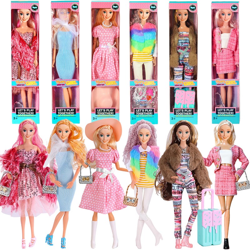 iBayda 6 Pack Fashion 115 inch American Toy Prinecess Dolls Playset with Outfits Dress Design and Accessories Like Handbag Hat Crown Necklace Suitcase Gift Box Package - Image 2