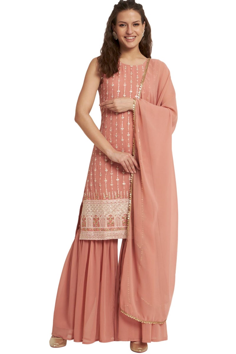 Shopping Queen Women's Georgette Striped Straight Kurta Sharara Set with Dupatta (A503_Peach_XL) - Image 1