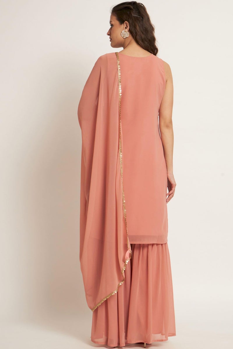 Shopping Queen Women's Georgette Striped Straight Kurta Sharara Set with Dupatta (A503_Peach_XL) - Image 2