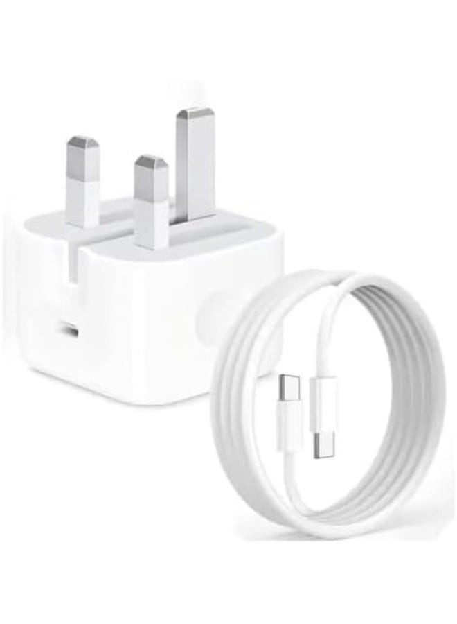 20W USB-C Fast Charger Power Adapter with 2 Meter Type-C to Type-C Cable – Quick Charging Block Compatible with iPhone 15/16/17 Series, iPad USB-C, Samsung Galaxy, Google Pixel & More