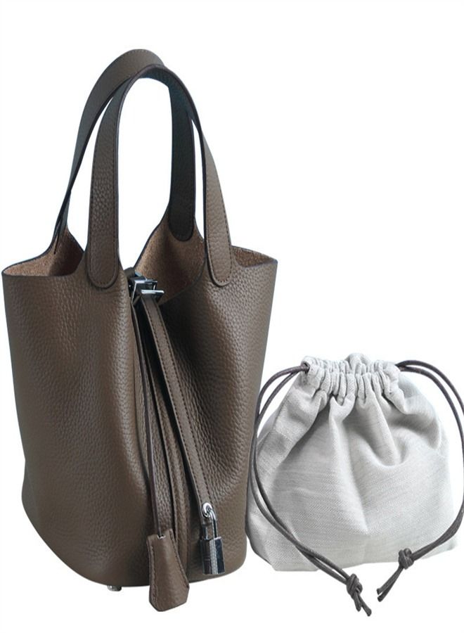 Loquat Litchi Grain Top Layer Cow Skin Bucket Bag Brown  - Image 1