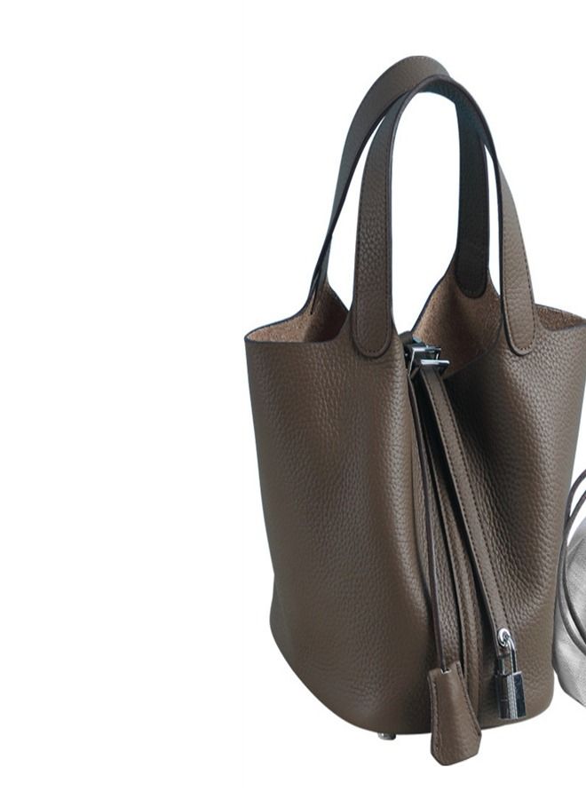 Loquat Litchi Grain Top Layer Cow Skin Bucket Bag Brown  - Image 2