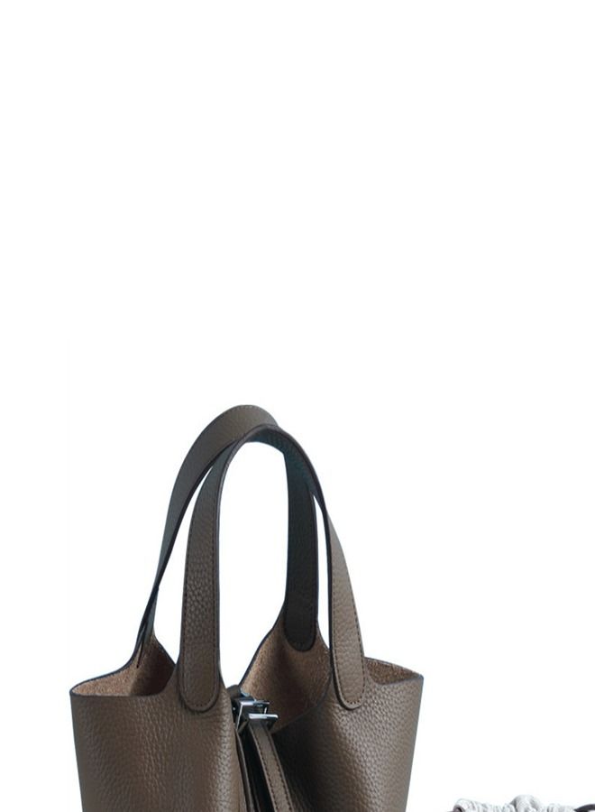 Loquat Litchi Grain Top Layer Cow Skin Bucket Bag Brown  - Image 3