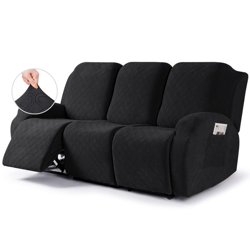 VANSOFY Recliner Cover 3Pieces Stretch Reclining Couch Covers with Pockets Reclining Sofa Slipcovers 3 Seater Soft Washable Furniture Protector for Dogs CatsBlack
