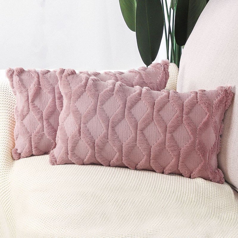 MADIZZ Set of 2 Soft Plush Short Wool Velvet Decorative Throw Pillow Covers 12x20 inch Pink Rectangular Luxury Style Cushion Cases Pillow Shell for Sofa Bedroom - Image 1
