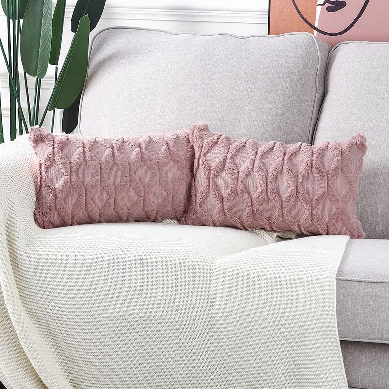 MADIZZ Set of 2 Soft Plush Short Wool Velvet Decorative Throw Pillow Covers 12x20 inch Pink Rectangular Luxury Style Cushion Cases Pillow Shell for Sofa Bedroom - Image 2