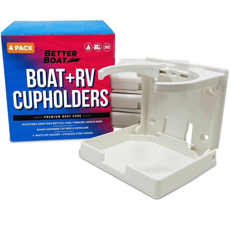 Boat Cup Holder White Set of 4 Folding Boat Cup Holders for Drinks Wall Cup Holder for Boat & RV Cup Holder Motorhome Wall Mount Marine Grade Mountable Stainless Screws Mounted Drink Holder for Boats