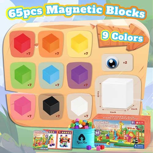 Vigorfun 65 PCS Magnetic Blocks Set 1 Magnet Building Blocks with Toy Eyes and Storage Bag for Kids Gifts STEM Educational Preschool Sensory Toys for Toddlers Boys Girls Ages 3 4 5 6 7 8 Bright Color - Image 5