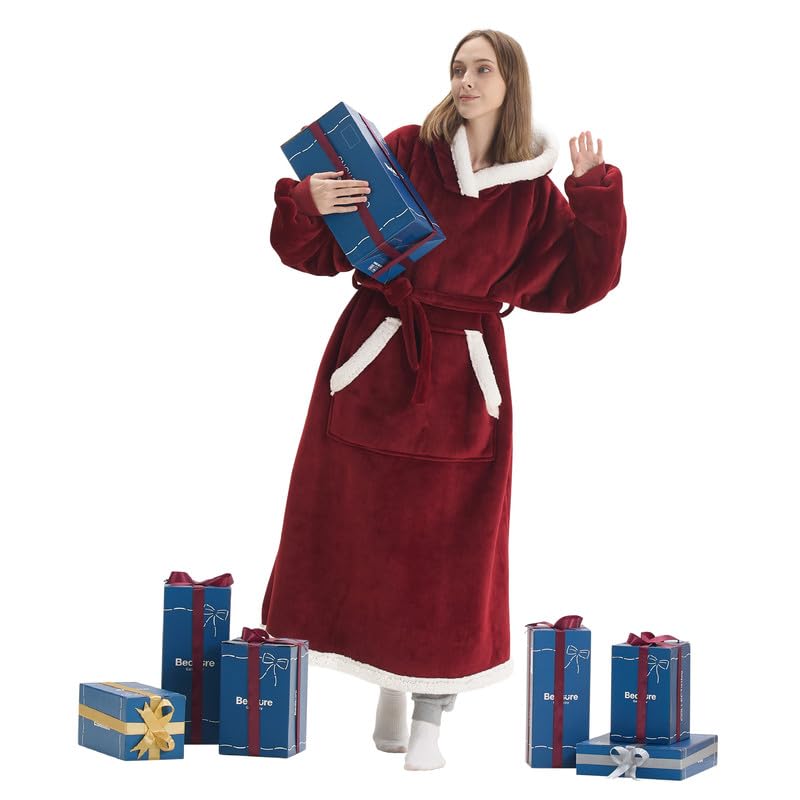 Bedsure Bedsure Wearable Blanket Hoodie Women - Long Sherpa Fleece Hooded Blanket for Teens Adult  Warm Cozy Blanket Sweatshirt with Giant Pocket and Belt  Winter Gifts for Girls  Small  Burgundy  - Image 1