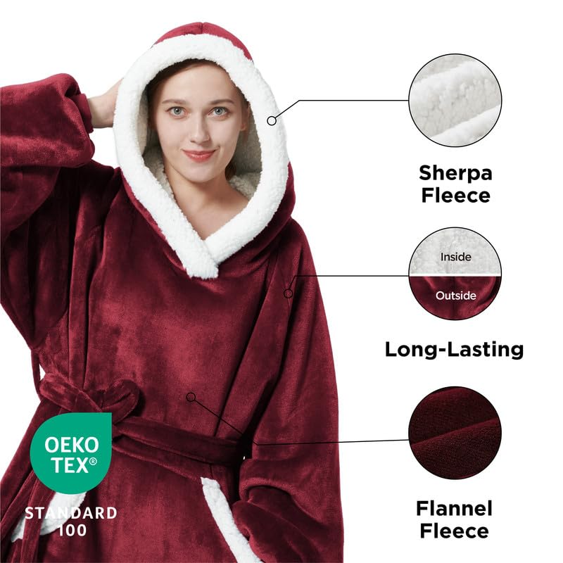 Bedsure Bedsure Wearable Blanket Hoodie Women - Long Sherpa Fleece Hooded Blanket for Teens Adult  Warm Cozy Blanket Sweatshirt with Giant Pocket and Belt  Winter Gifts for Girls  Small  Burgundy  - Image 2