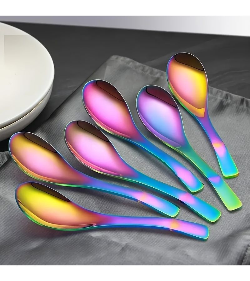 Set of 6 Stainless Steel Color Spoons Asian Style Polishing Tableware Dishwasher Safe - Image 3