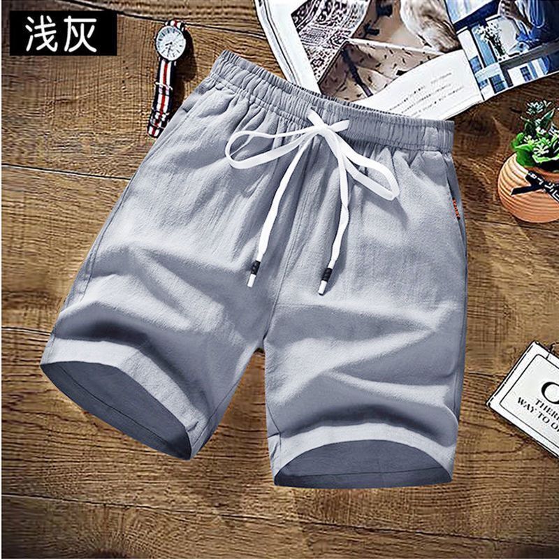 Summer latest mens casual linen shorts elastic waist breathable thin cotton linen loose half beach pants for men Light gray - Image 1