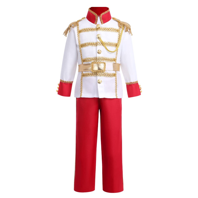 AWIBMK Prince King Charming Costume for Kids Boys Medieval Royal Prince Costume Halloween Christmas Cosplay Party Outfits Dress up Crown Truncheon Cape Belt Shoe Covers Accessories Set White + Red 8-10 Years - Image 2