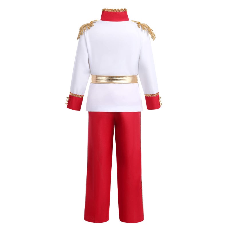 AWIBMK Prince King Charming Costume for Kids Boys Medieval Royal Prince Costume Halloween Christmas Cosplay Party Outfits Dress up Crown Truncheon Cape Belt Shoe Covers Accessories Set White + Red 8-10 Years - Image 4
