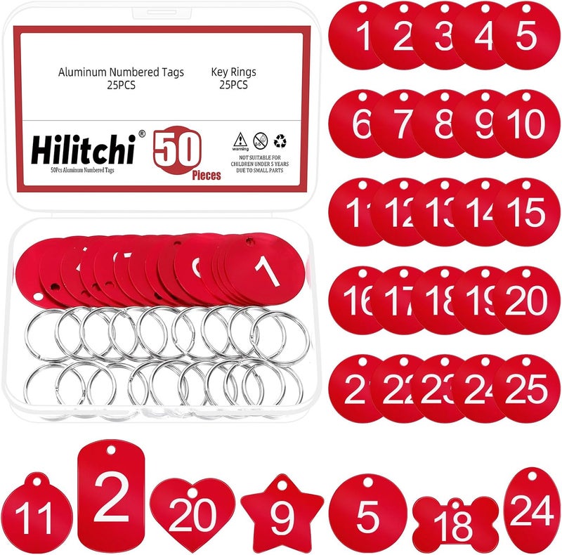 Hilitchi 50 قطعة من علامات ألومنيوم مرقمة دائرية مع حلقات مفاتيح، 1-25 علامة تعريف معدنية حمراء لسلسلة المفاتيح للترميز والتنظيم (شكل دائري) - Image 1