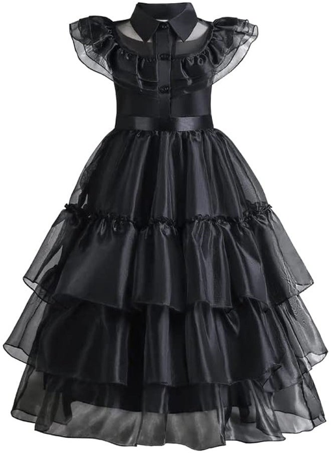 Beauenty Baby Girls Cool Black Dress Costume for Kids Girls Princess Dress Up with Black Hair Wig & Belt  - Image 2