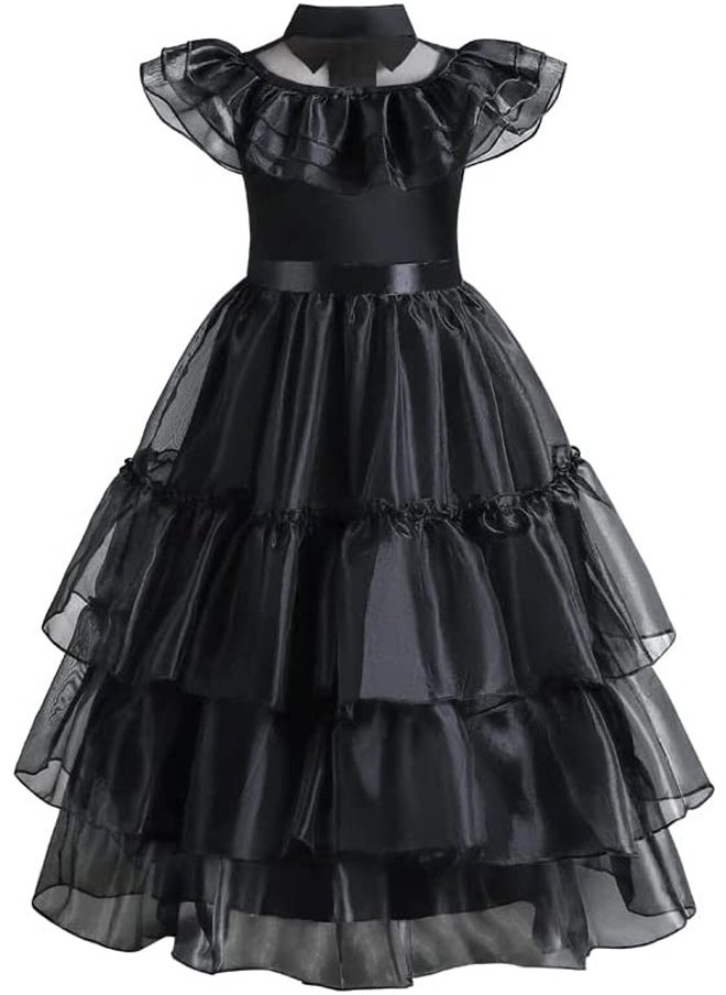 Beauenty Baby Girls Cool Black Dress Costume for Kids Girls Princess Dress Up with Black Hair Wig & Belt  - Image 3