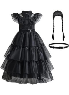 Beauenty Baby Girls Cool Black Dress Costume for Kids Girls Princess Dress Up with Black Hair Wig & Belt  - Image 1