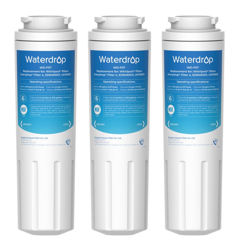 Waterdrop UKF8001 Refrigerator Water Filter 4, Replacement for WhirlpoolÂ® EDR4RXD1, EveryDropÂ® Filter 4, MaytagÂ® UKF8001AXX-750, UKF8001AXX-200, 46-9006, Puriclean II, WD-F07, 3 Filters - Image 1