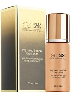 GLO24K UNLEASH THE POWER OF GOLD GLO24K Eye Serum with 24k Gold, Hyaluronic Acid, and Vitamins A,C,E. Potent Formula for the delicate skin around the eyes. 