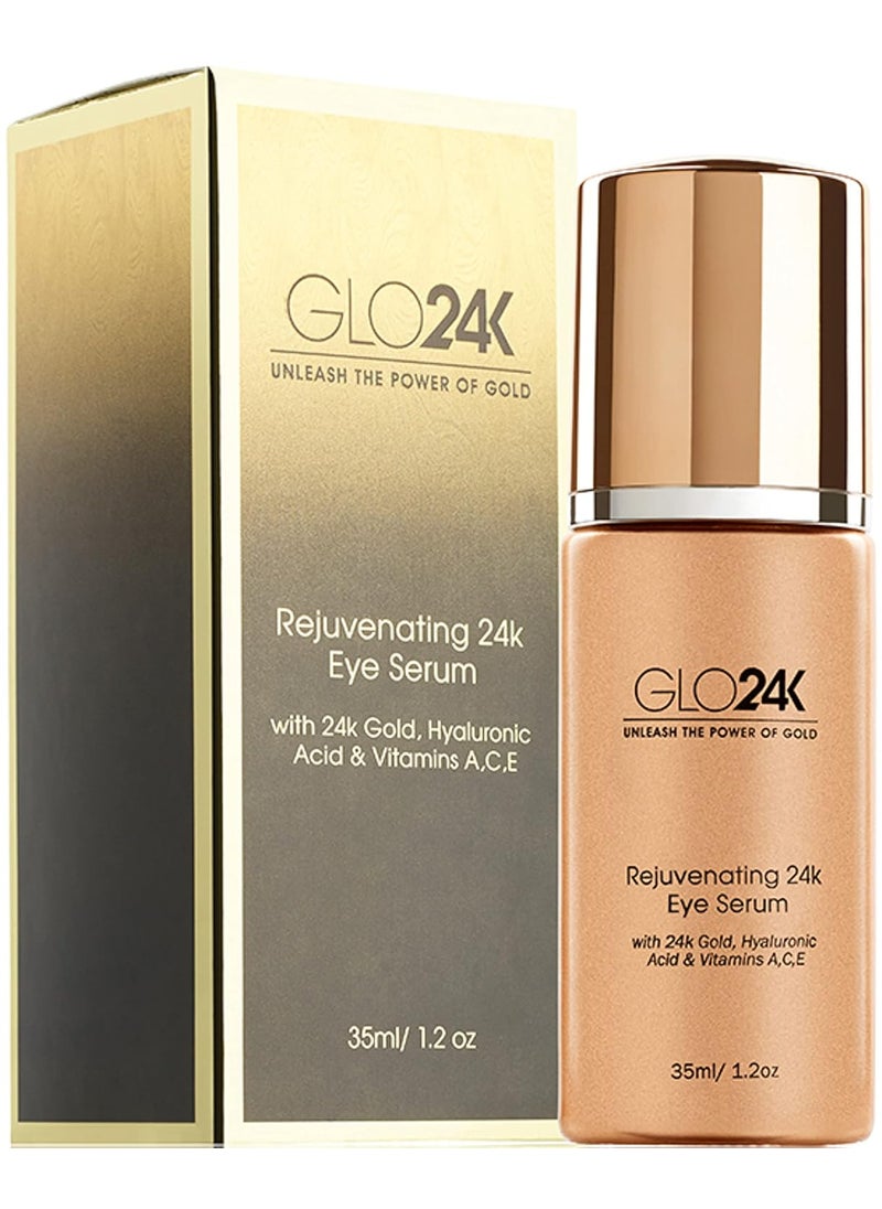 GLO24K UNLEASH THE POWER OF GOLD GLO24K Eye Serum with 24k Gold, Hyaluronic Acid, and Vitamins A,C,E. Potent Formula for the delicate skin around the eyes. 