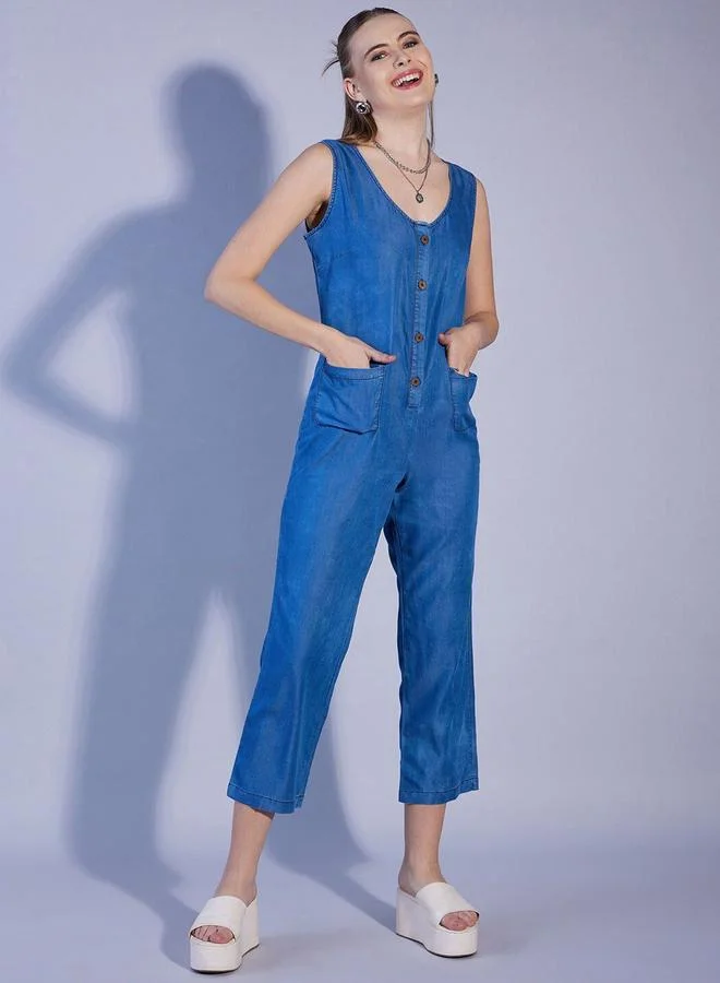 Freehand Freehand Women Blue Denim Slim Fit Jumpsuit with Scoop Neck