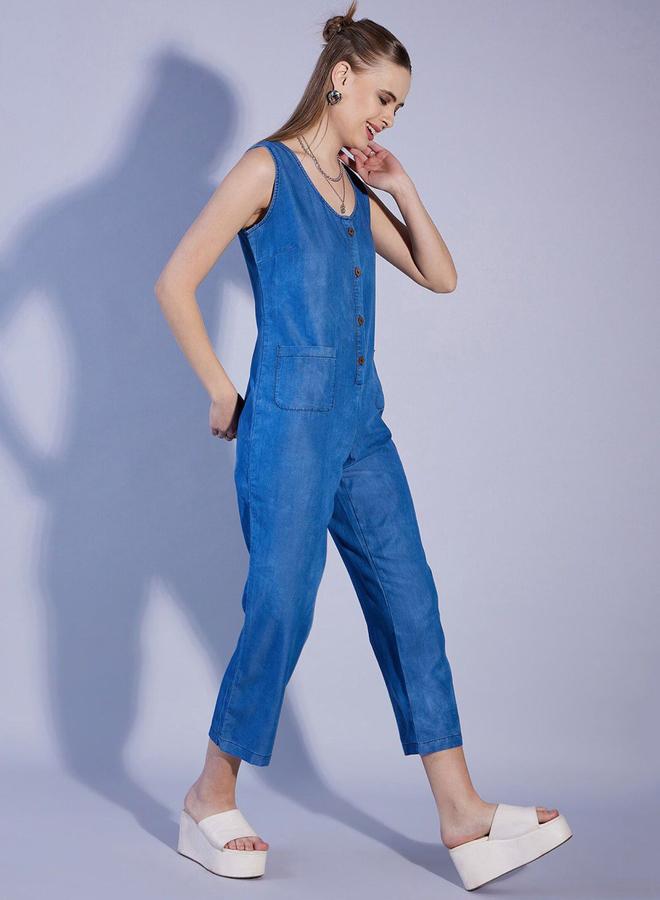 مرفوعة جمبسوت جينز أزرق نسائي بقصة ضيقة وفتحة رقبة دائرية - Image 5