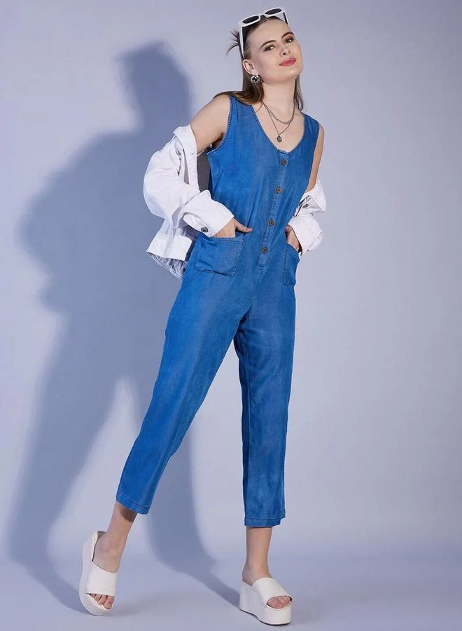 Freehand Freehand Women Blue Denim Slim Fit Jumpsuit with Scoop Neck