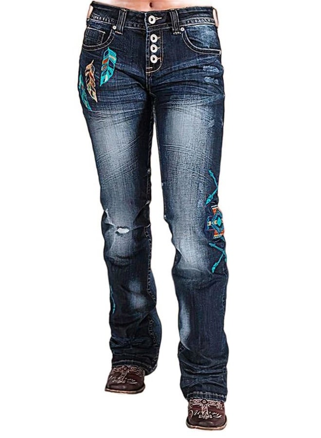 Flamingals Women Floral Ripped Bootcut Jeans Mid Waist Jeans Embroidered Vintage Denim Pants with Pockets Mid Blue XL - Image 2