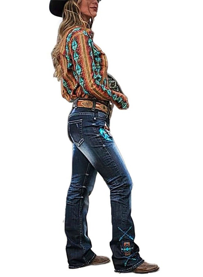 Flamingals Women Floral Ripped Bootcut Jeans Mid Waist Jeans Embroidered Vintage Denim Pants with Pockets Mid Blue XL - Image 3