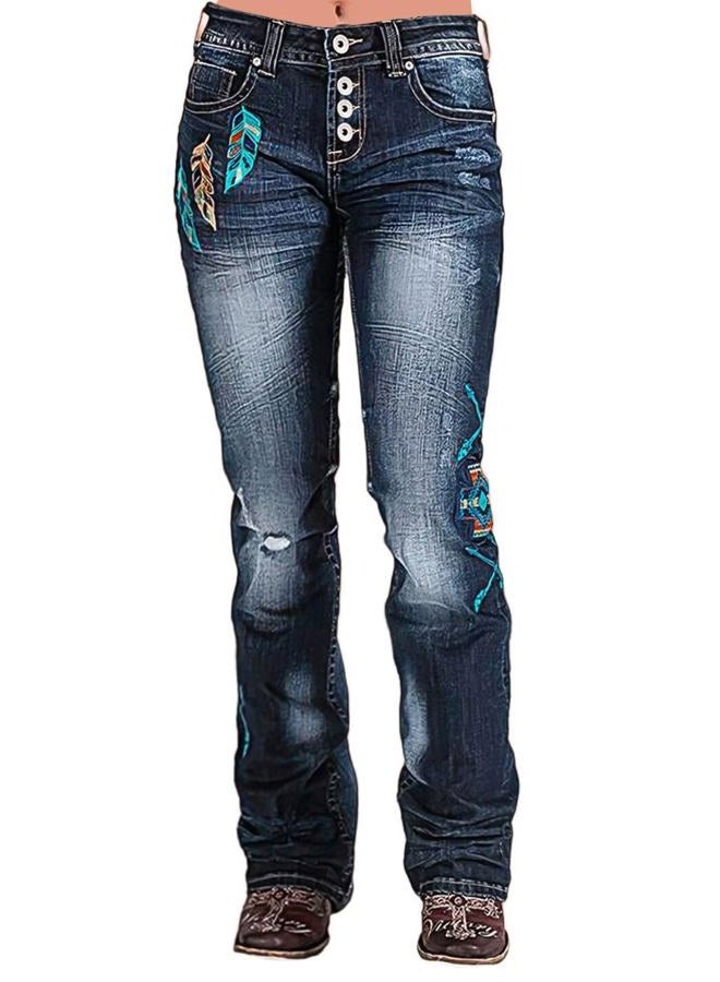 Flamingals Women Floral Ripped Bootcut Jeans Mid Waist Jeans Embroidered Vintage Denim Pants with Pockets Mid Blue XL - Image 1