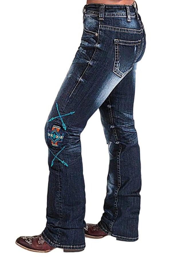 Flamingals Women Floral Ripped Bootcut Jeans Mid Waist Jeans Embroidered Vintage Denim Pants with Pockets Mid Blue XL - Image 4