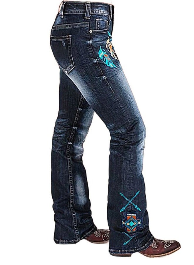 Flamingals Women Floral Ripped Bootcut Jeans Mid Waist Jeans Embroidered Vintage Denim Pants with Pockets Mid Blue XL - Image 5