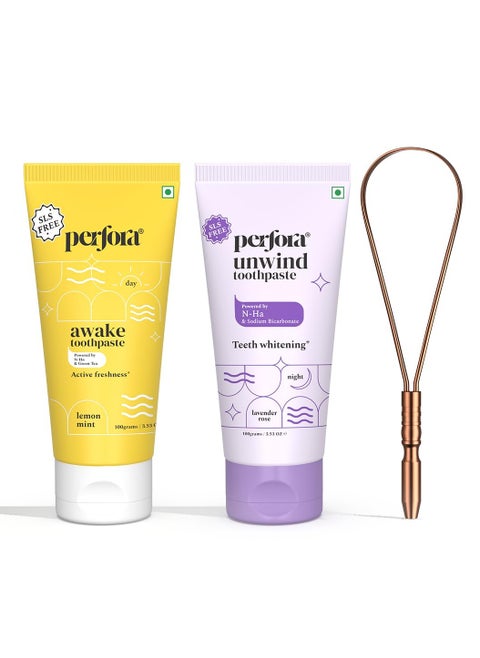 Perfora Tongue Cleaner&The Daily Routine Awake&Unwind Toothpaste Combo Active Freshness&Cavity Prevention Sls&Fluoride Free Toothpastes With N-Ha For Oral Care Copper Tongue Scraper,1 Count
