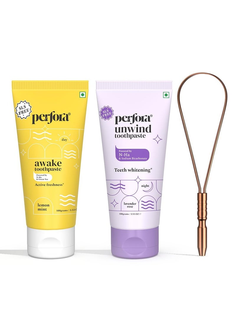 Perfora - Perfora Tongue Cleaner&The Daily Routine Awake&Unwind Toothpaste Combo Active Freshness&Cavity Prevention Sls&Fluoride Free Toothpastes With N-Ha For Oral Care Copper Tongue Scraper,1 Count - Image 1