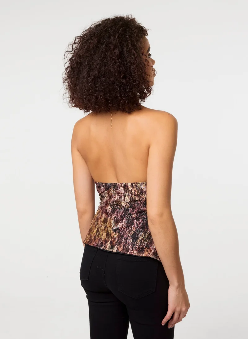 بينك فانيلا بلوزة دانتيل بنقشة حيوانات بياقة هالتر