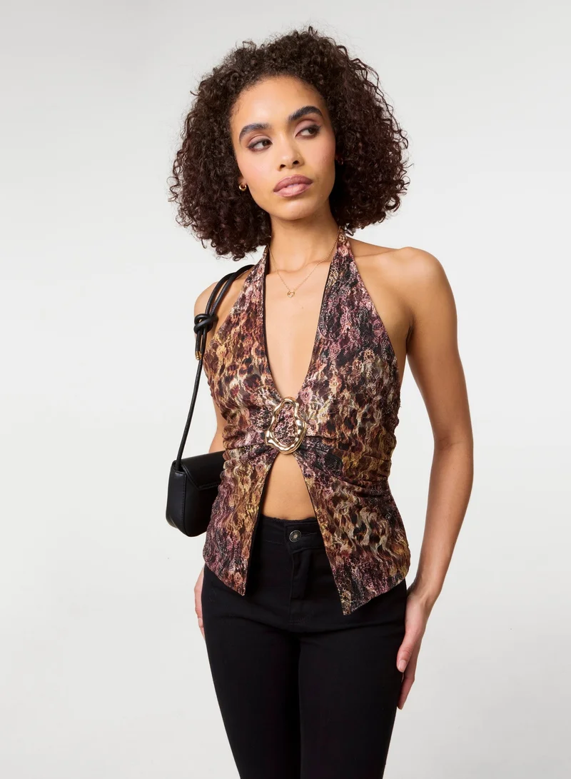 بينك فانيلا بلوزة دانتيل بنقشة حيوانات بياقة هالتر